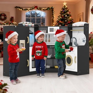 Corner Kids Play Kitchen with Washing Machine and Ice Maker Gift for Boys Girls-Black view 2