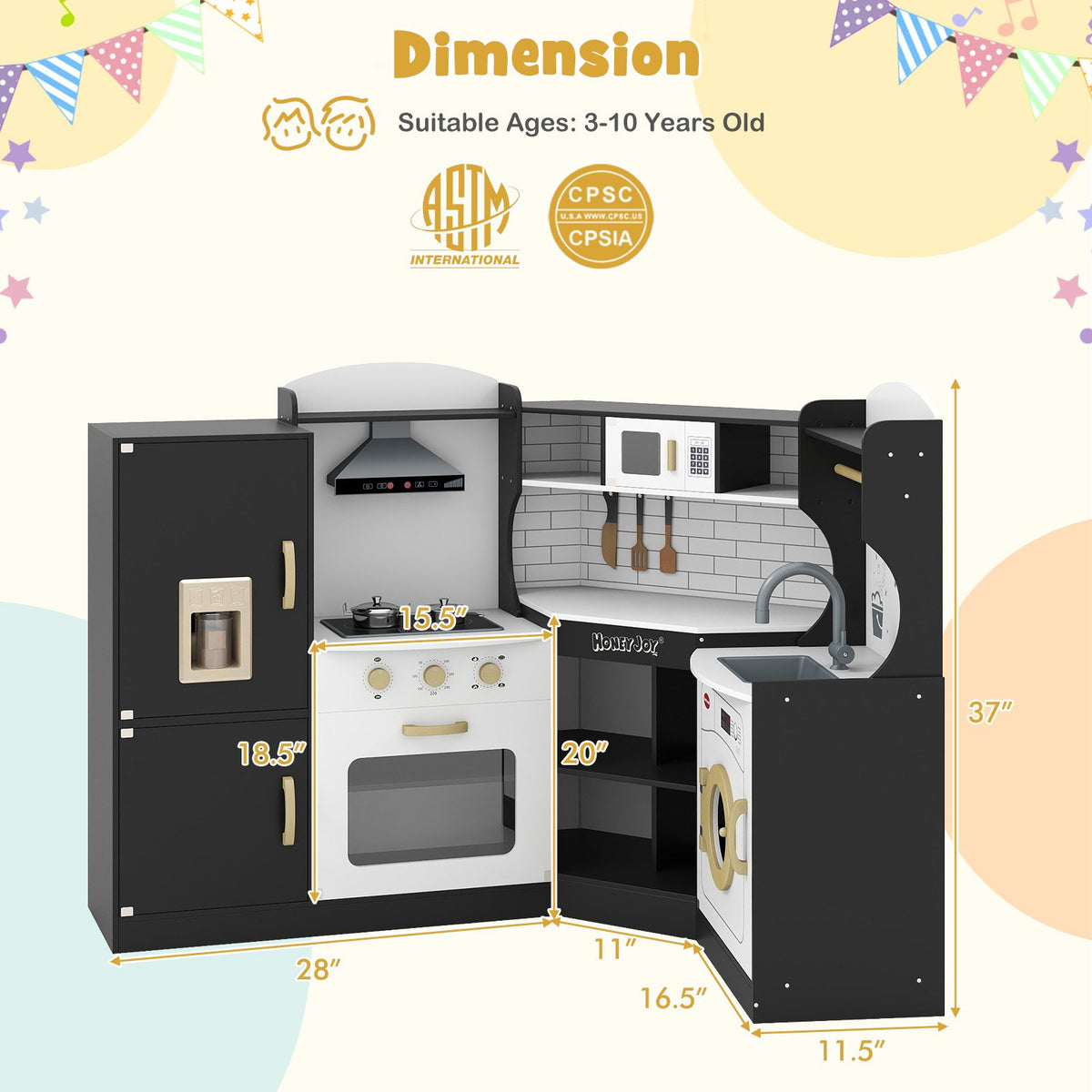 Corner Kids Play Kitchen with Washing Machine and Ice Maker Gift for Boys Girls-Black view 4