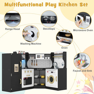 Corner Kids Play Kitchen with Washing Machine and Ice Maker Gift for Boys Girls-Black view 5