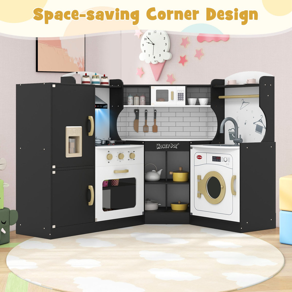 Corner Kids Play Kitchen with Washing Machine and Ice Maker Gift for Boys Girls-Black view 7