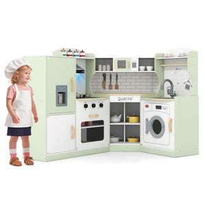 Corner Kids Play Kitchen with Washing Machine and Ice Maker Gift for Boys Girls-Green