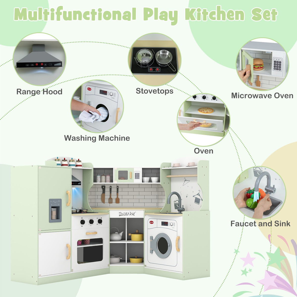 Corner Kids Play Kitchen with Washing Machine and Ice Maker Gift for Boys Girls-Green view 5