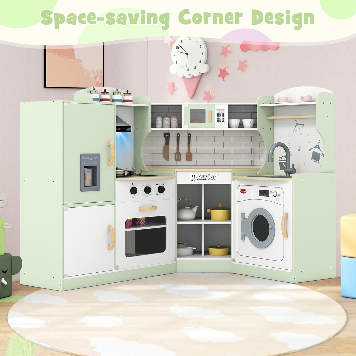 Corner Kids Play Kitchen with Washing Machine and Ice Maker Gift for Boys Girls-Green view 6