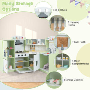 Corner Kids Play Kitchen with Washing Machine and Ice Maker Gift for Boys Girls-Green view 7