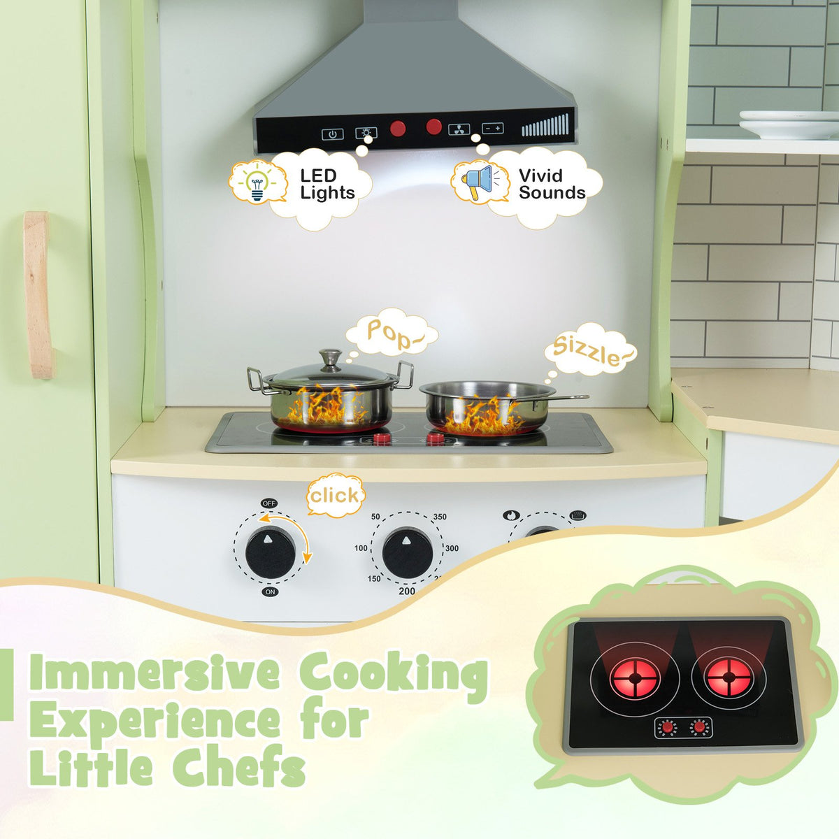 Corner Kids Play Kitchen with Washing Machine and Ice Maker Gift for Boys Girls-Green view 8