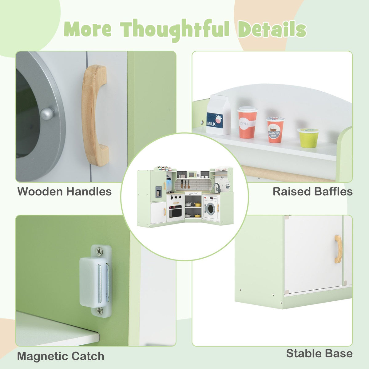 Corner Kids Play Kitchen with Washing Machine and Ice Maker Gift for Boys Girls-Green view 9