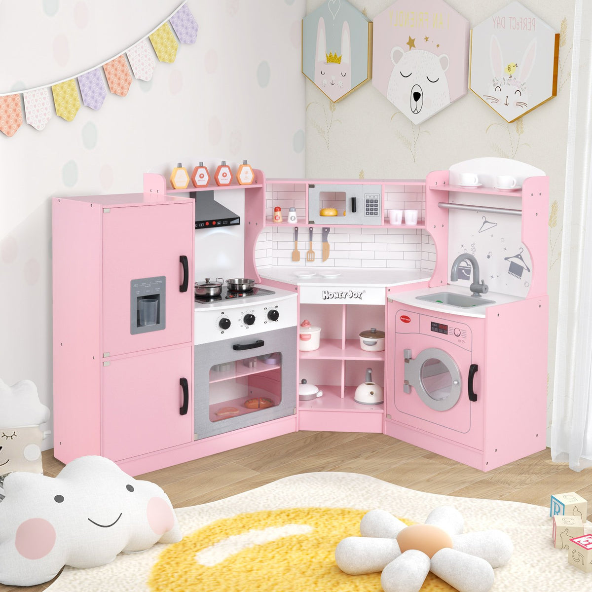 Corner Kids Play Kitchen with Washing Machine and Ice Maker Gift for Boys Girls-Pink view 2