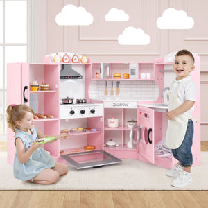 Corner Kids Play Kitchen with Washing Machine and Ice Maker Gift for Boys Girls-Pink view 3