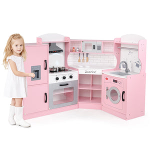 Corner Kids Play Kitchen with Washing Machine and Ice Maker Gift for Boys Girls-Pink view 4