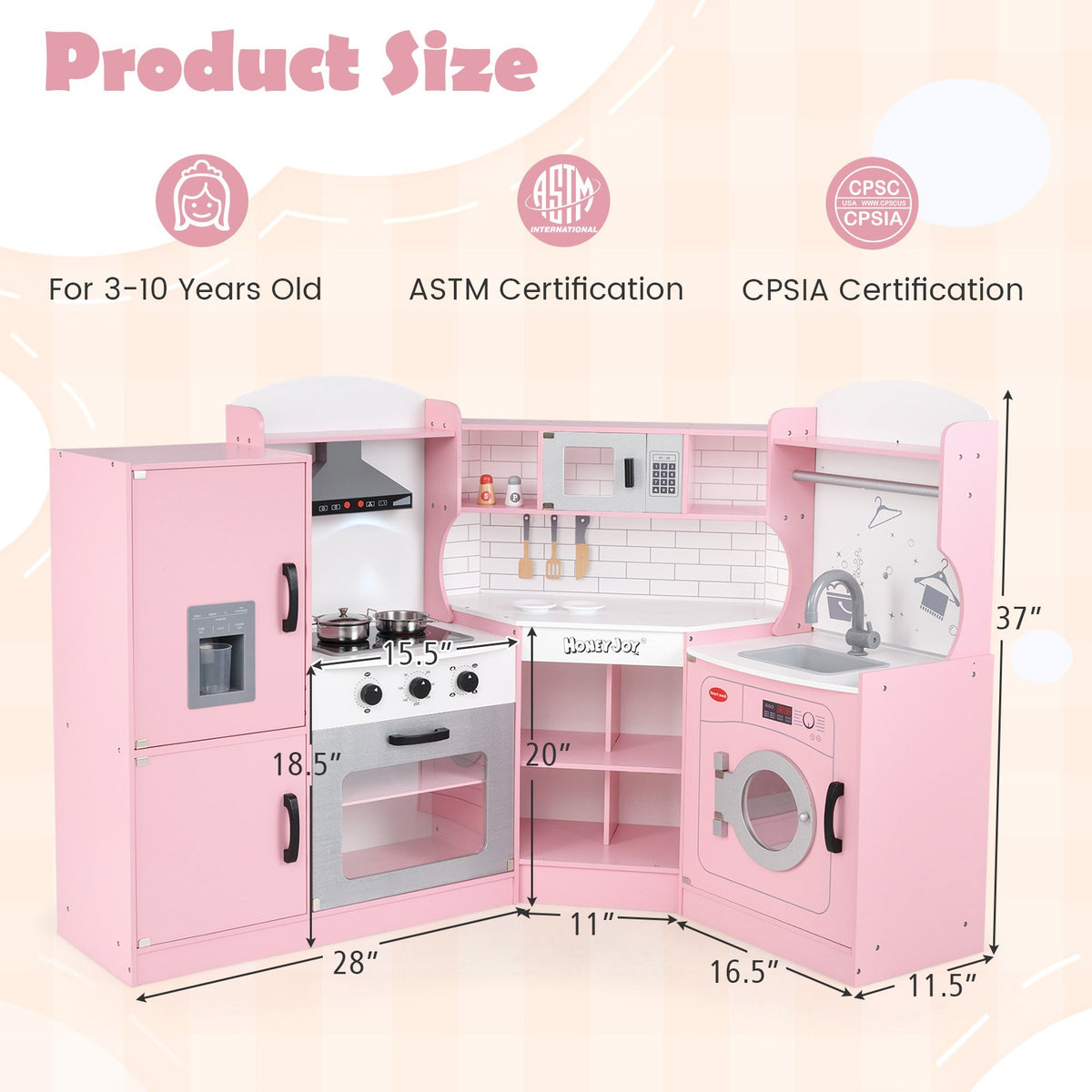 Corner Kids Play Kitchen with Washing Machine and Ice Maker Gift for Boys Girls-Pink view 5