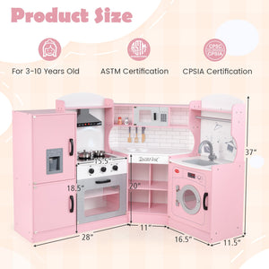 Corner Kids Play Kitchen with Washing Machine and Ice Maker Gift for Boys Girls-Pink view 5