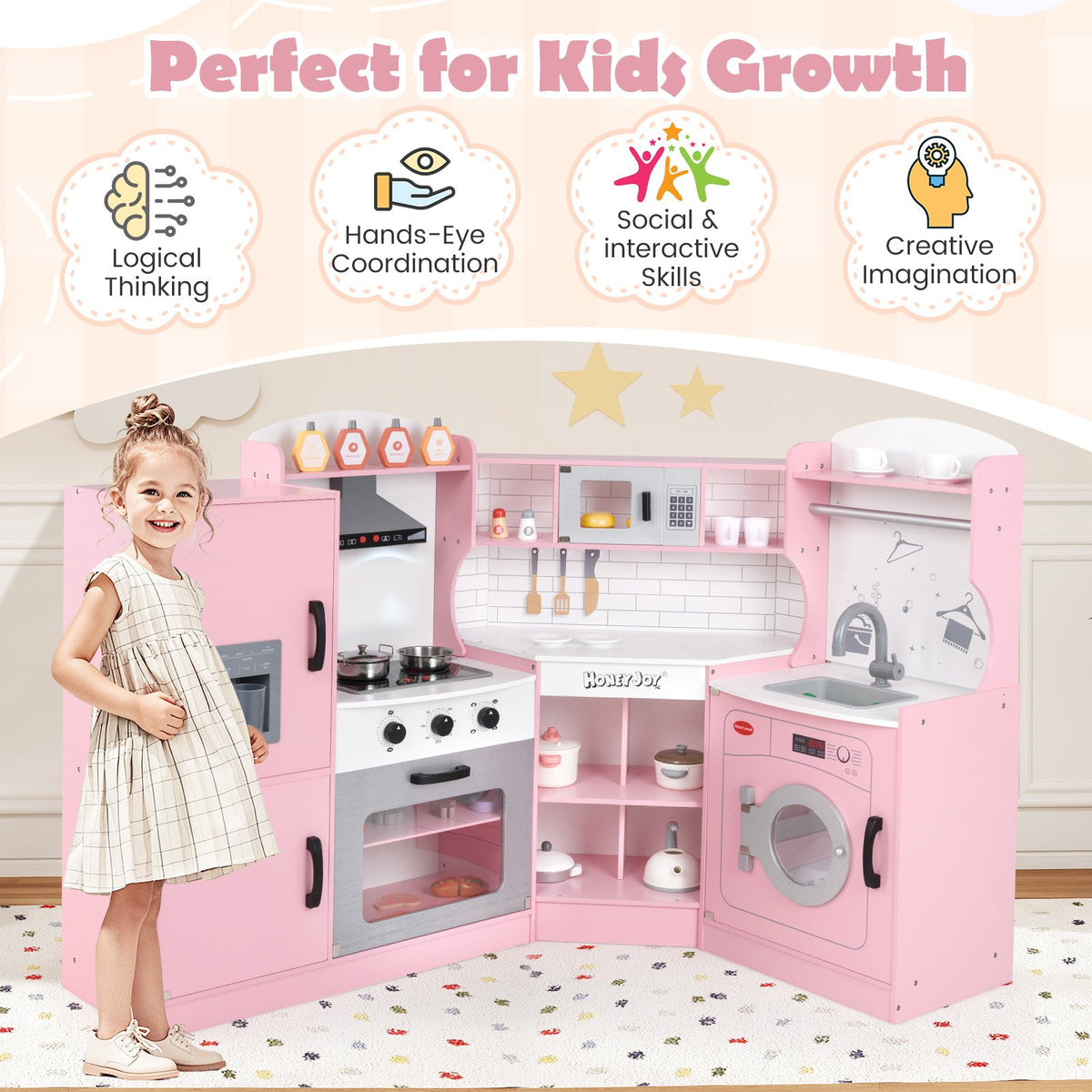 Corner Kids Play Kitchen with Washing Machine and Ice Maker Gift for Boys Girls-Pink view 6