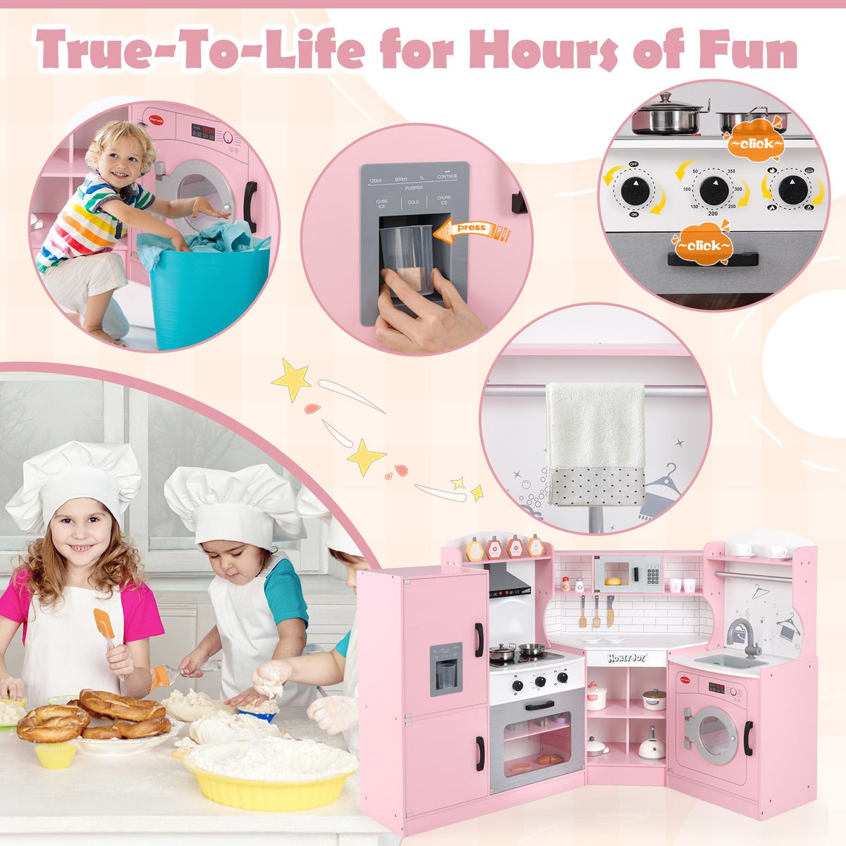 Corner Kids Play Kitchen with Washing Machine and Ice Maker Gift for Boys Girls-Pink view 8