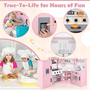 Corner Kids Play Kitchen with Washing Machine and Ice Maker Gift for Boys Girls-Pink view 8