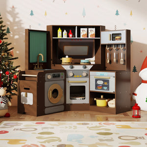 Corner Kitchen Toys with Lights and Sounds with Pull-out Trash Can and Stoves-Coffee view 2