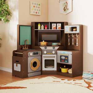 Corner Kitchen Toys with Lights and Sounds with Pull-out Trash Can and Stoves-Coffee view 3