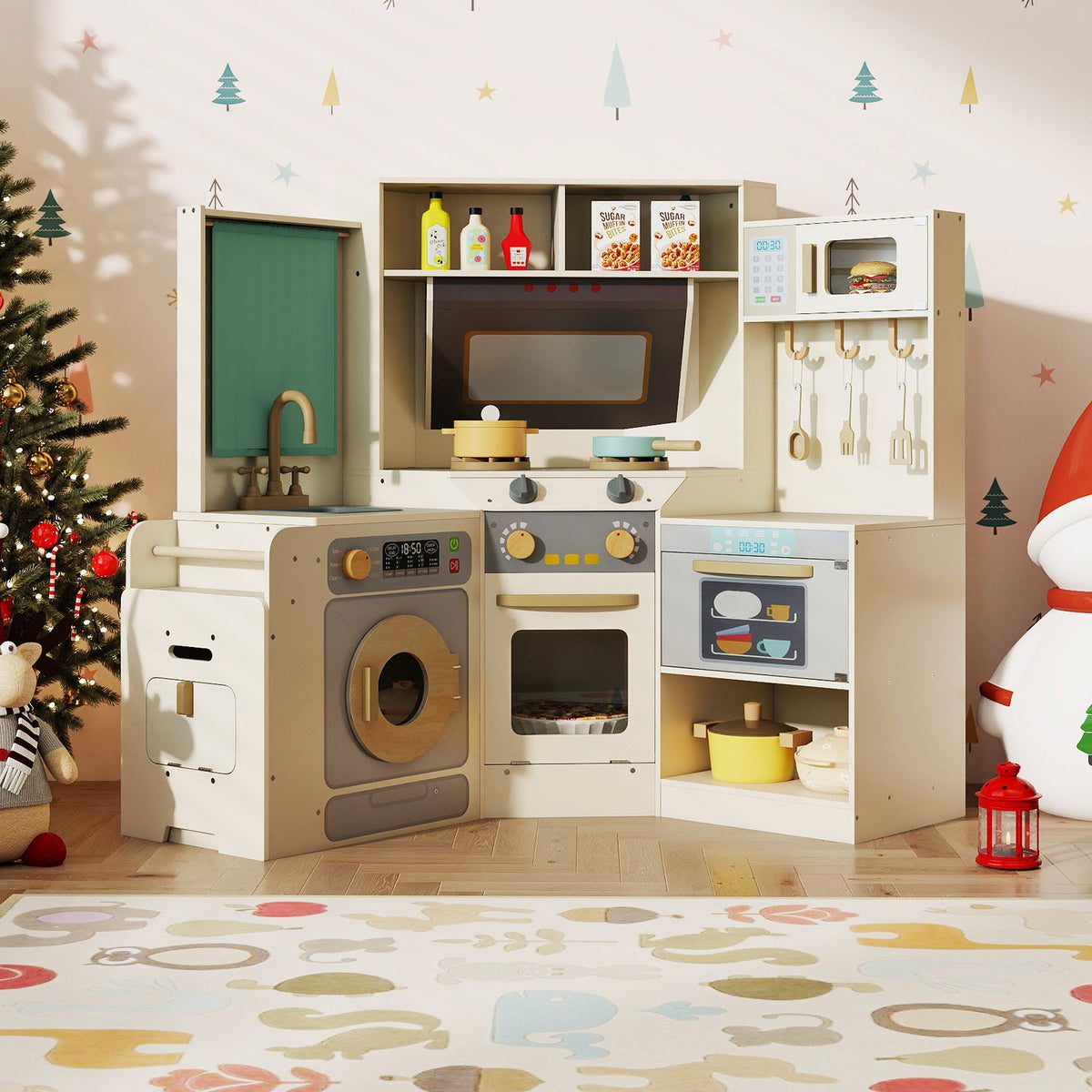 Corner Kitchen Toys with Lights and Sounds with Pull-out Trash Can and Stoves-Off White view 2