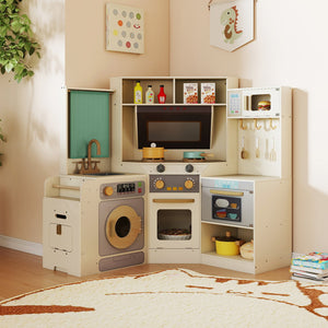 Corner Kitchen Toys with Lights and Sounds with Pull-out Trash Can and Stoves-Off White view 3