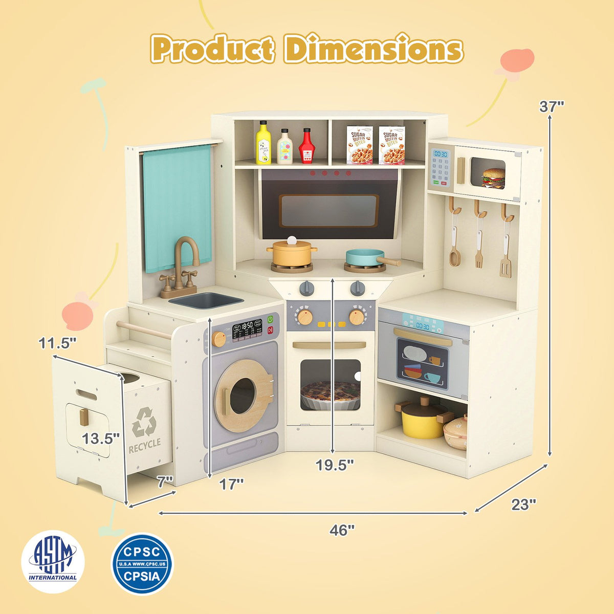 Corner Kitchen Toys with Lights and Sounds with Pull-out Trash Can and Stoves-Off White view 4