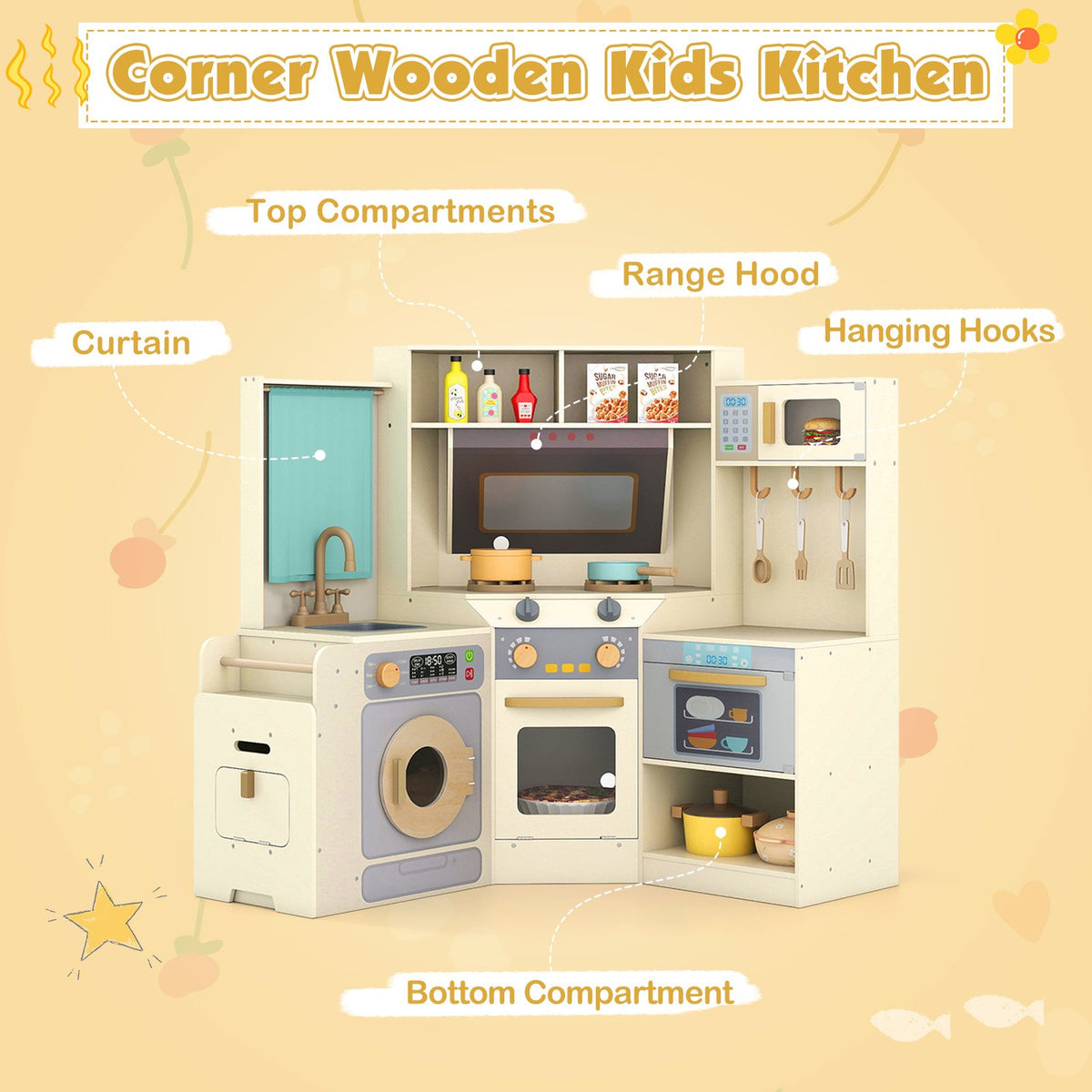 Corner Kitchen Toys with Lights and Sounds with Pull-out Trash Can and Stoves-Off White view 8