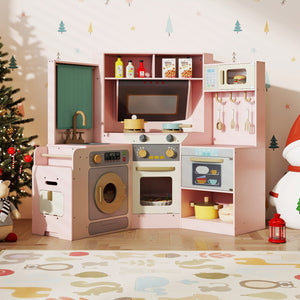 Corner Kitchen Toys with Lights and Sounds with Pull-out Trash Can and Stoves-Pink view 2