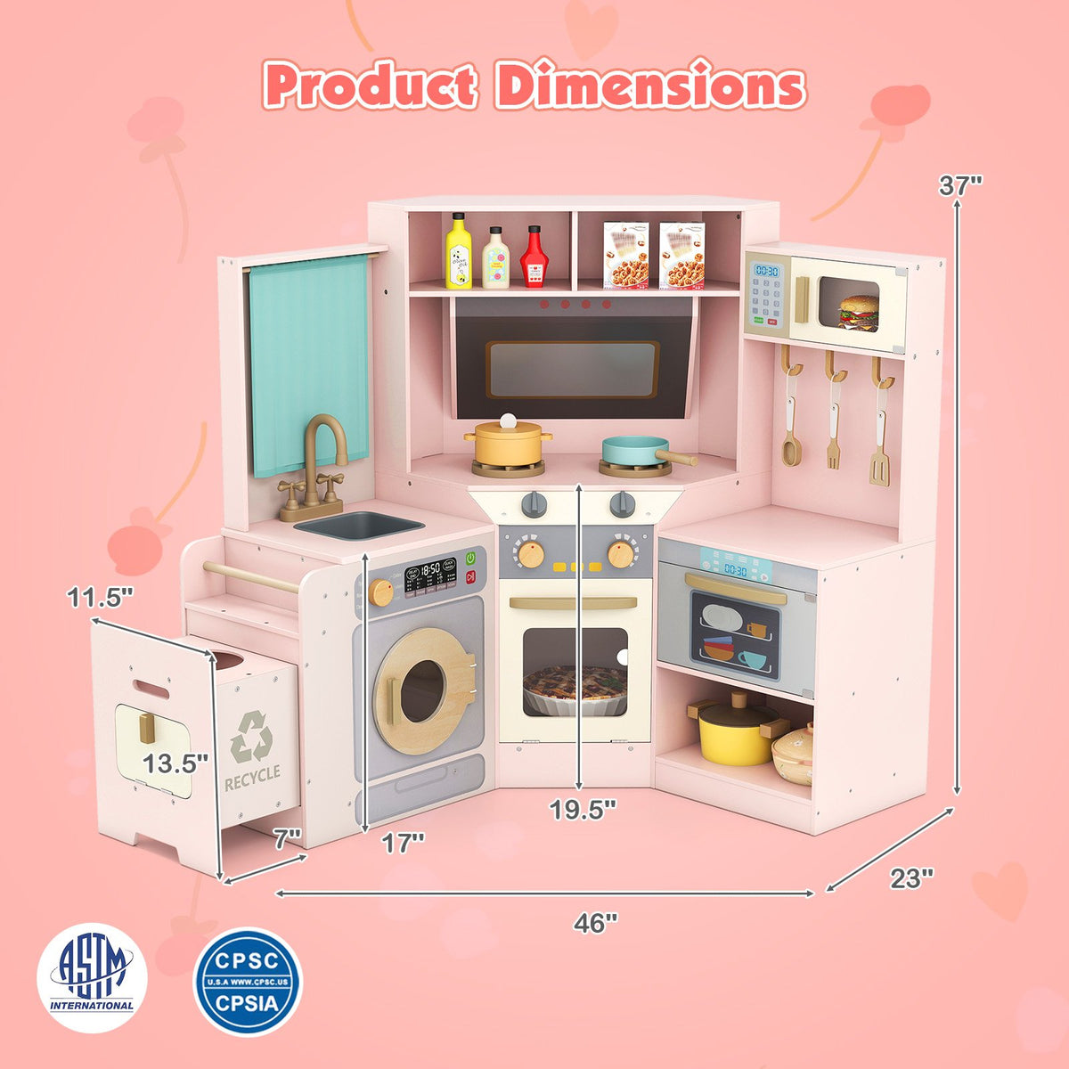 Corner Kitchen Toys with Lights and Sounds with Pull-out Trash Can and Stoves-Pink view 4