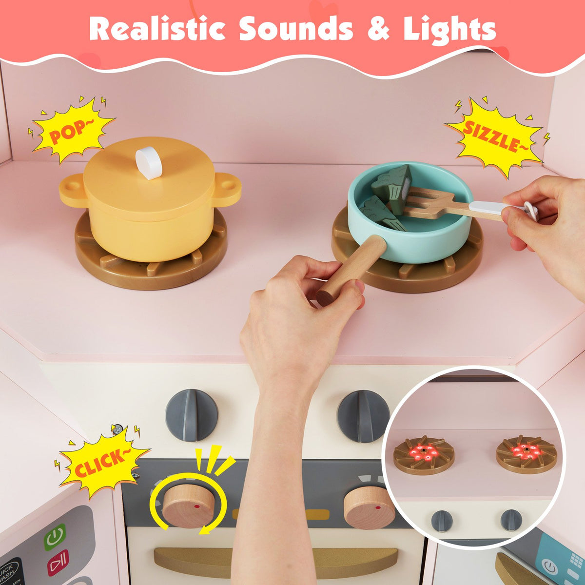 Corner Kitchen Toys with Lights and Sounds with Pull-out Trash Can and Stoves-Pink view 5