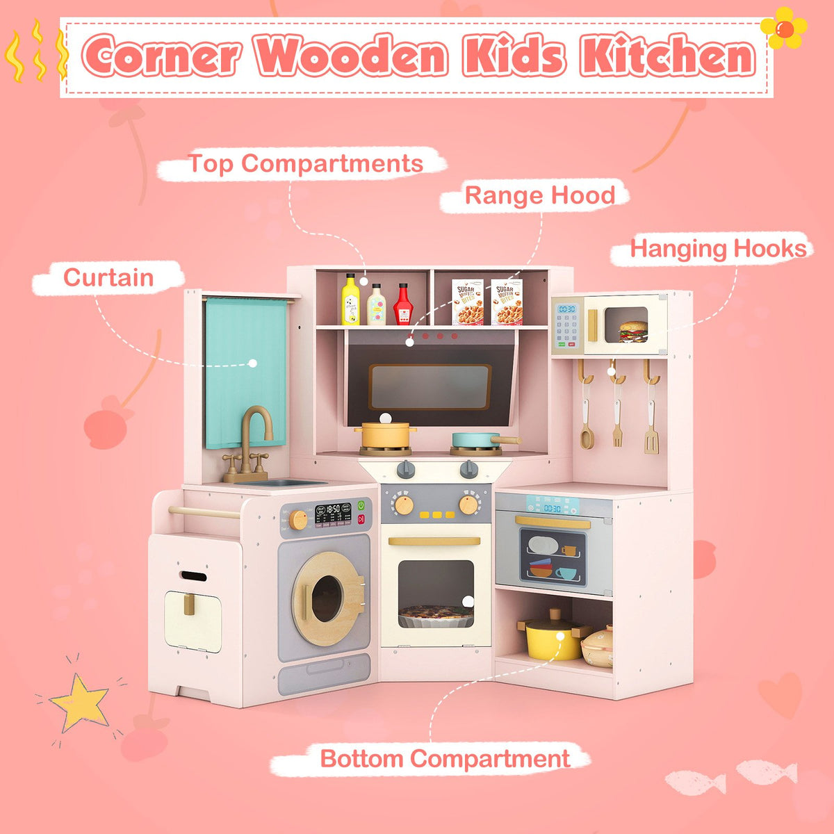 Corner Kitchen Toys with Lights and Sounds with Pull-out Trash Can and Stoves-Pink view 8
