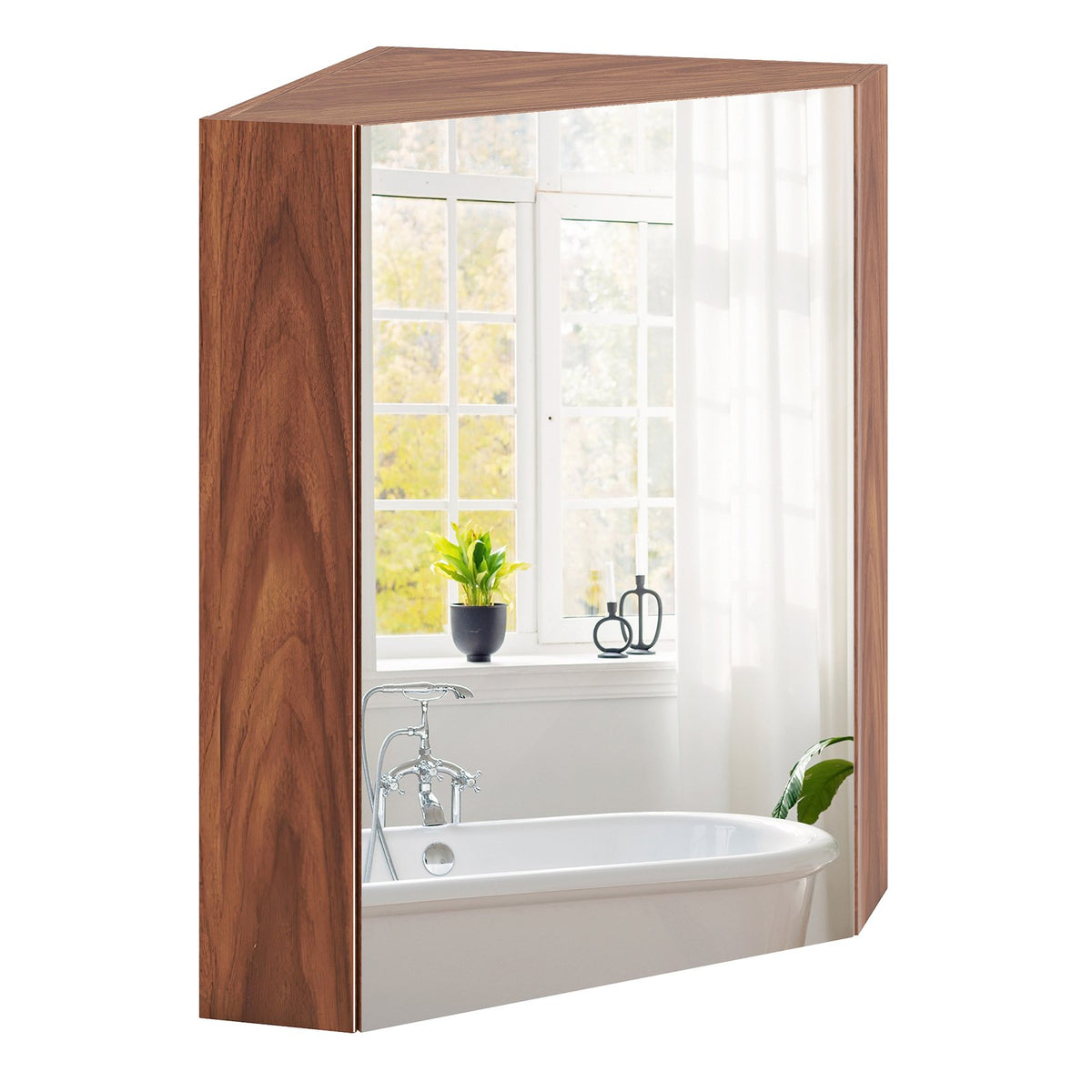 Corner Medicine Cabinet with Mirror with Open Mirror Door and Adjustable Shelf-Brown view 4