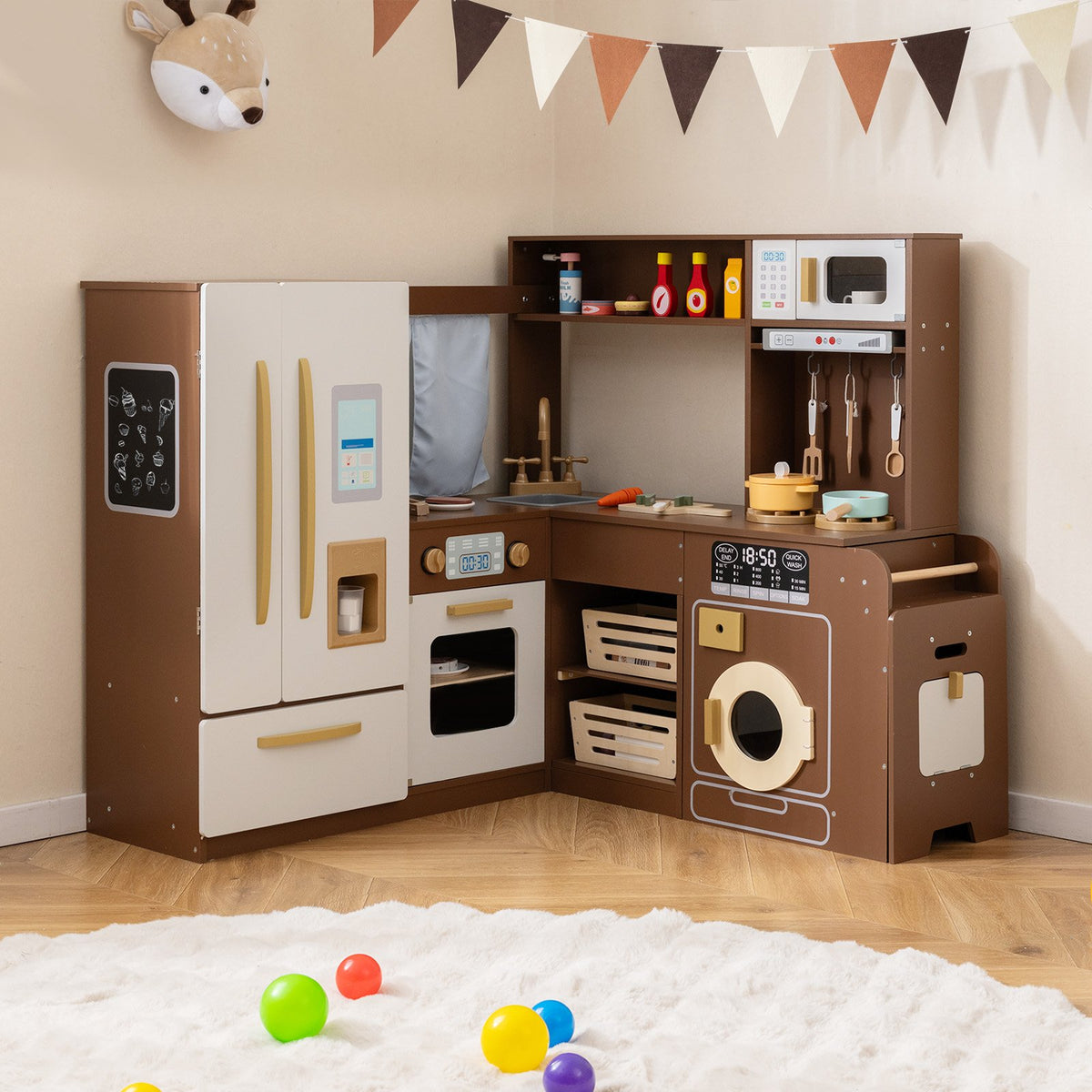 Corner Play Kitchen with Lights and Sounds for Ages 3+-Brown view 2