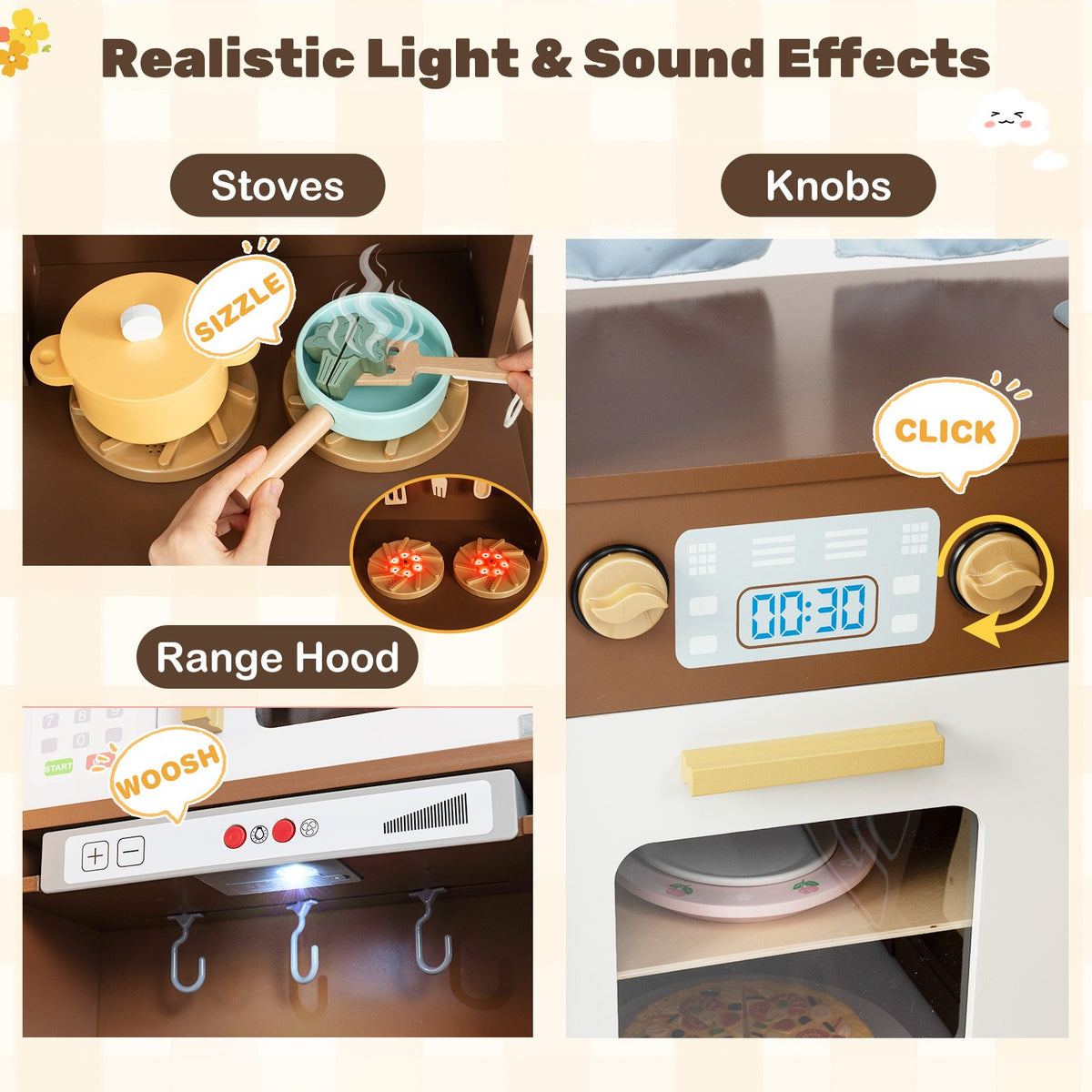 Corner Play Kitchen with Lights and Sounds for Ages 3+-Brown view 4
