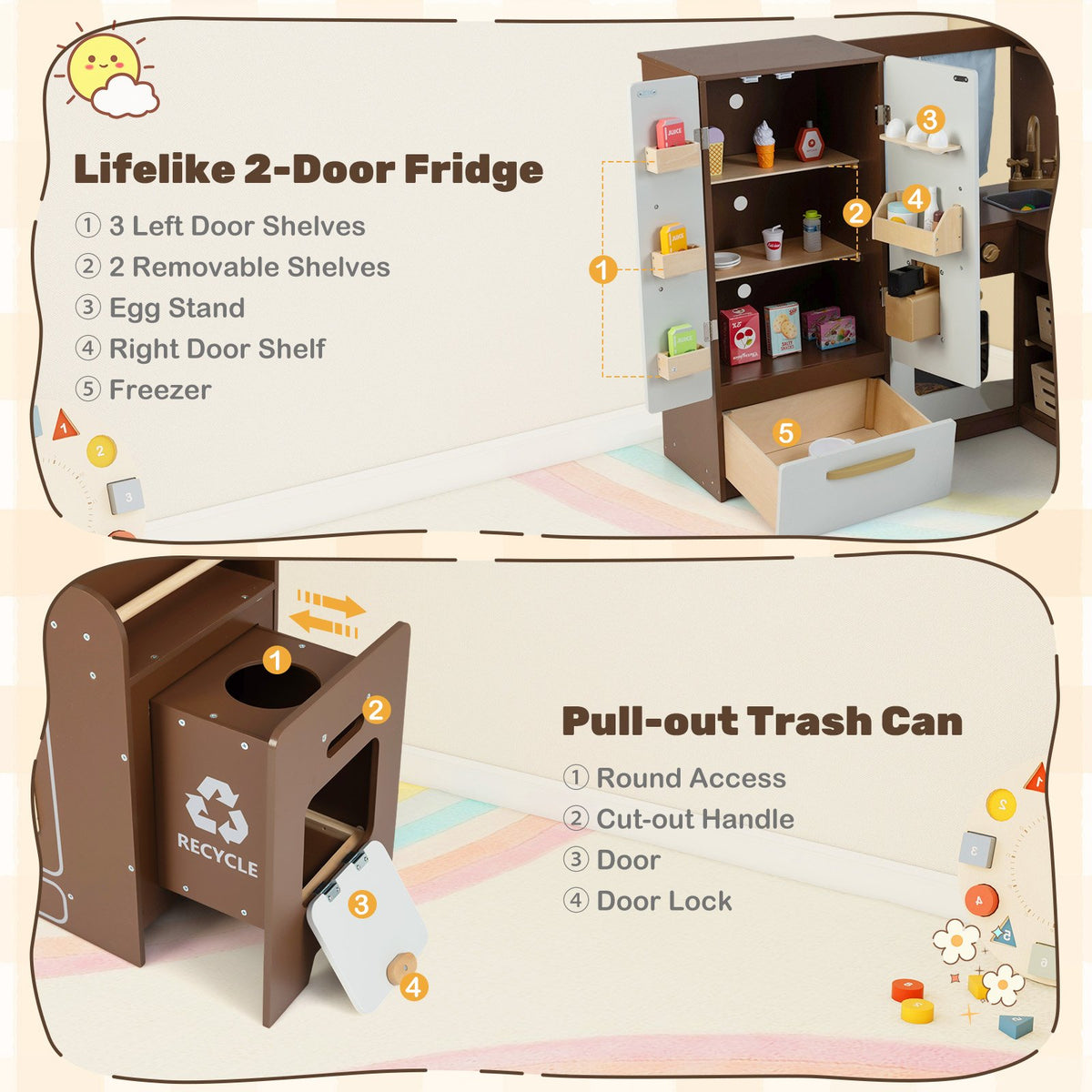 Corner Play Kitchen with Lights and Sounds for Ages 3+-Brown view 5