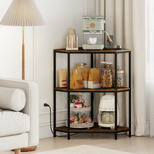 Corner Printer Stand 3-Tier Corner Shelf with Charging Station and Metal Frame-Rustic Brown view 2
