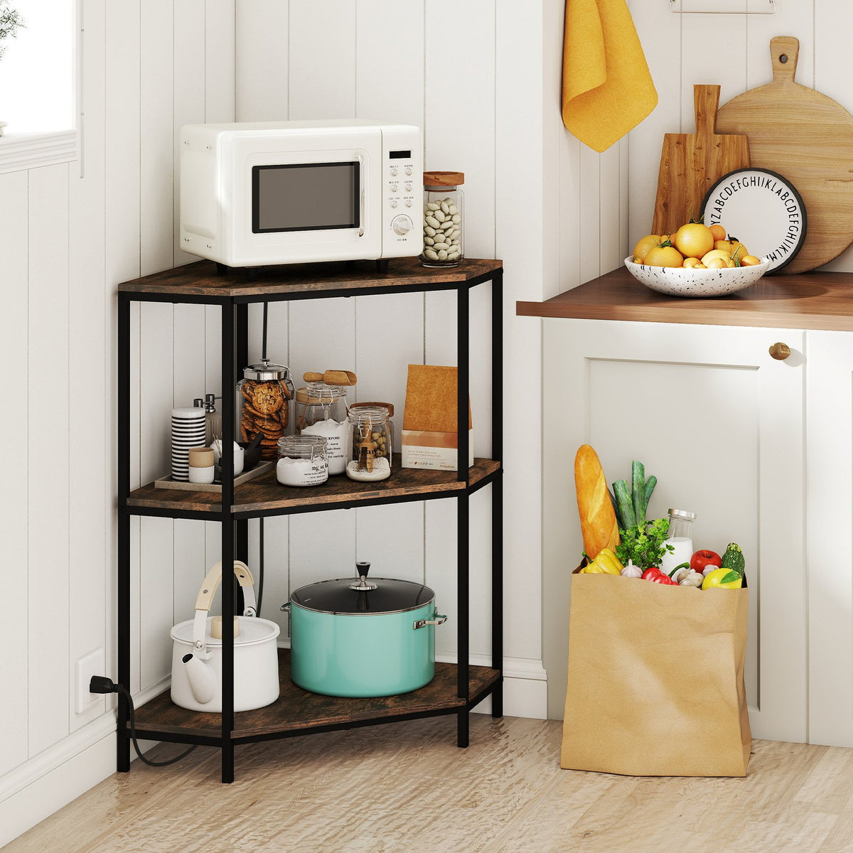 Corner Printer Stand 3-Tier Corner Shelf with Charging Station and Metal Frame-Rustic Brown view 3