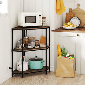 Corner Printer Stand 3-Tier Corner Shelf with Charging Station and Metal Frame-Rustic Brown view 3