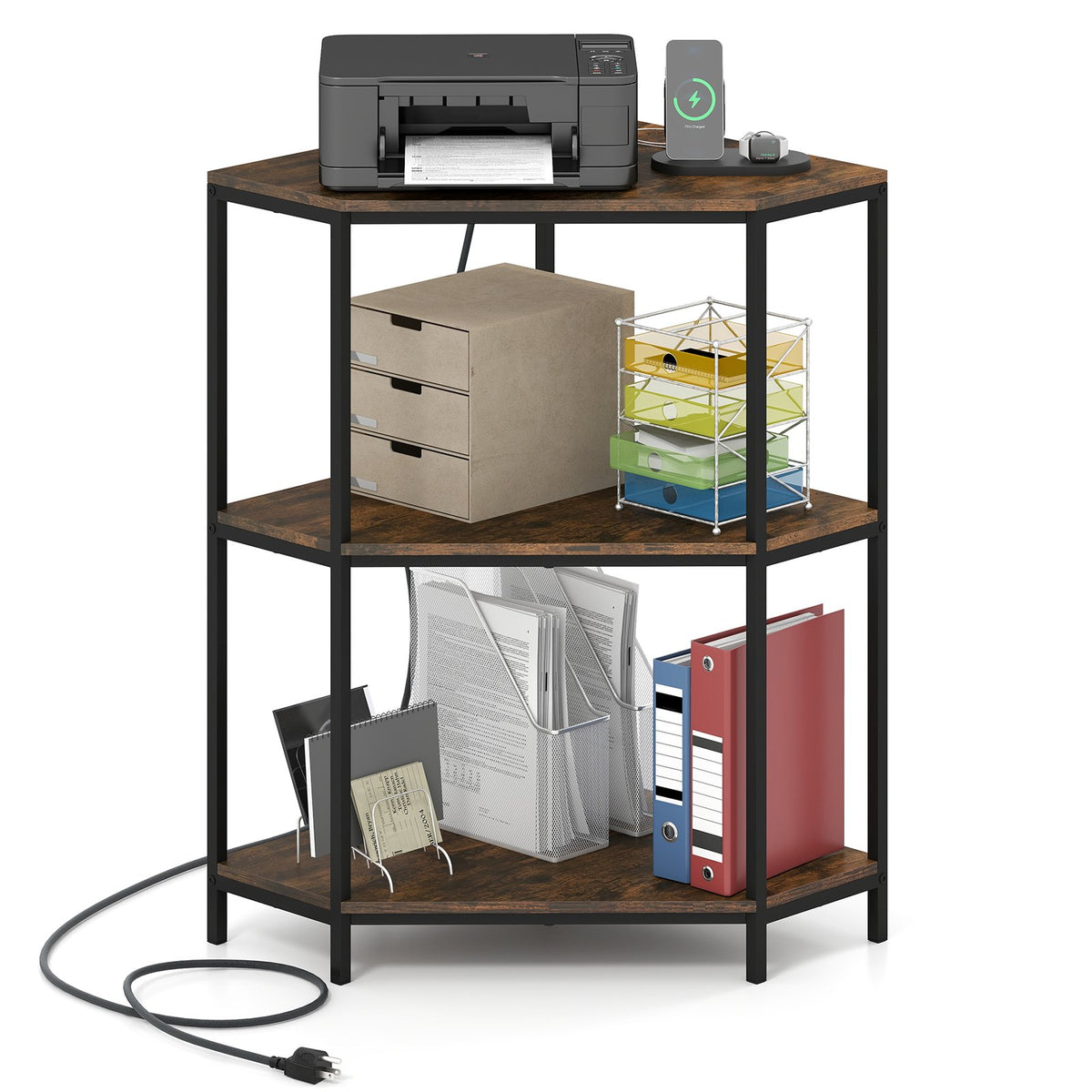 Corner Printer Stand 3-Tier Corner Shelf with Charging Station and Metal Frame-Rustic Brown view 4