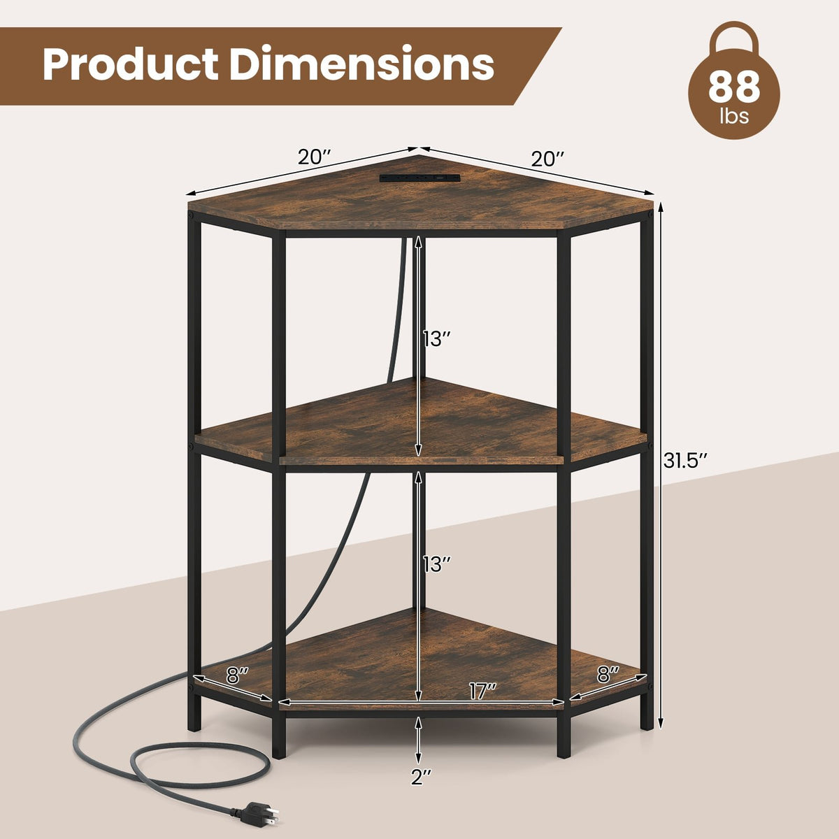 Corner Printer Stand 3-Tier Corner Shelf with Charging Station and Metal Frame-Rustic Brown view 5
