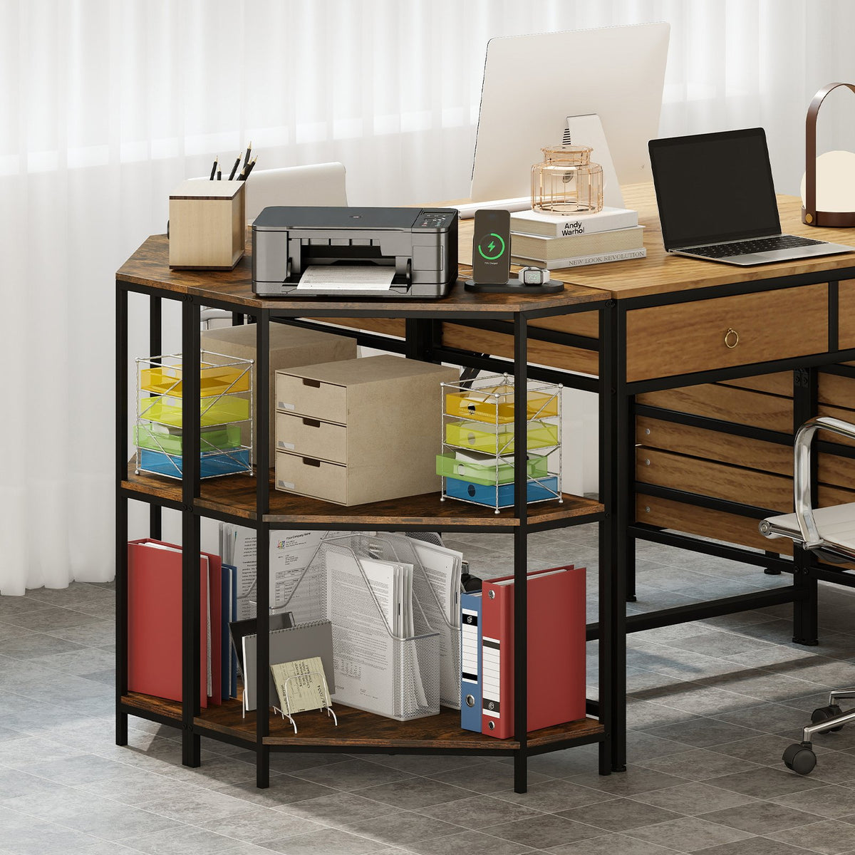 Corner Printer Stand 3-Tier Corner Shelf with Charging Station and Metal Frame-Rustic Brown view 6
