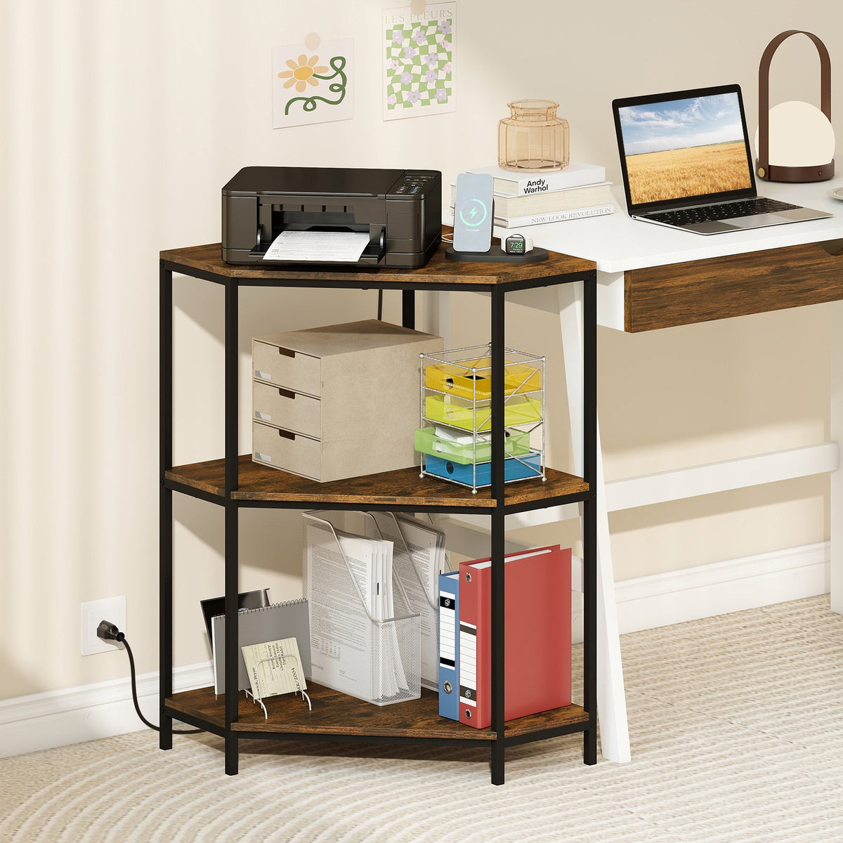 Corner Printer Stand 3-Tier Corner Shelf with Charging Station and Metal Frame-Rustic Brown view 7