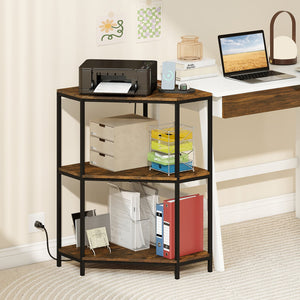 Corner Printer Stand 3-Tier Corner Shelf with Charging Station and Metal Frame-Rustic Brown view 7