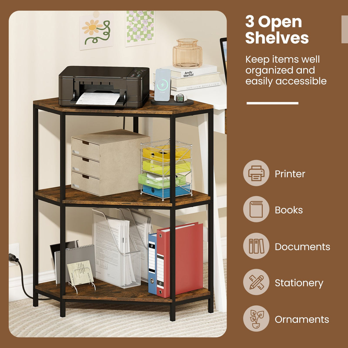 Corner Printer Stand 3-Tier Corner Shelf with Charging Station and Metal Frame-Rustic Brown view 9