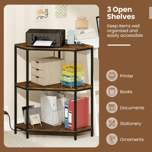 Corner Printer Stand 3-Tier Corner Shelf with Charging Station and Metal Frame-Rustic Brown view 9
