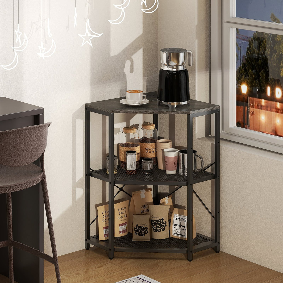 Corner Printer Stand with Power Outlet 3-Tier Storage Rack with Adjustable Shelf-Black view 3
