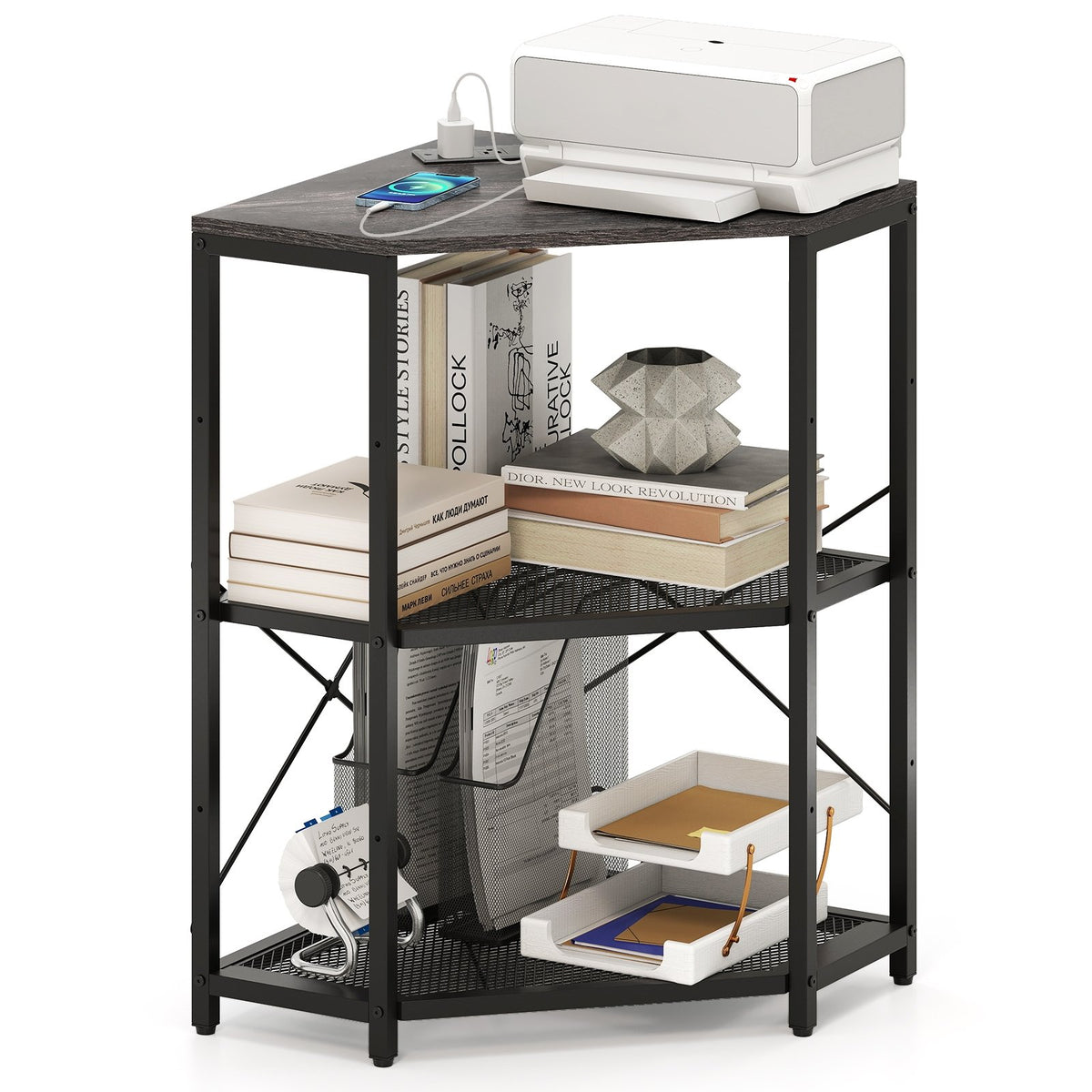 Corner Printer Stand with Power Outlet 3-Tier Storage Rack with Adjustable Shelf-Black view 4