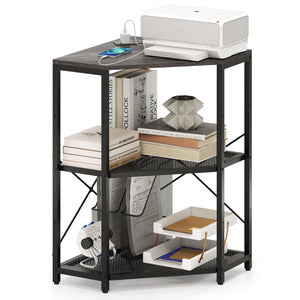 Corner Printer Stand with Power Outlet 3-Tier Storage Rack with Adjustable Shelf-Black view 4