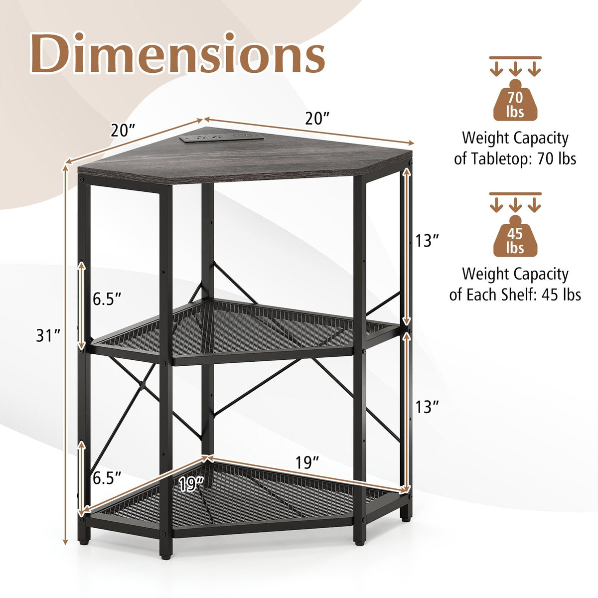 Corner Printer Stand with Power Outlet 3-Tier Storage Rack with Adjustable Shelf-Black view 5