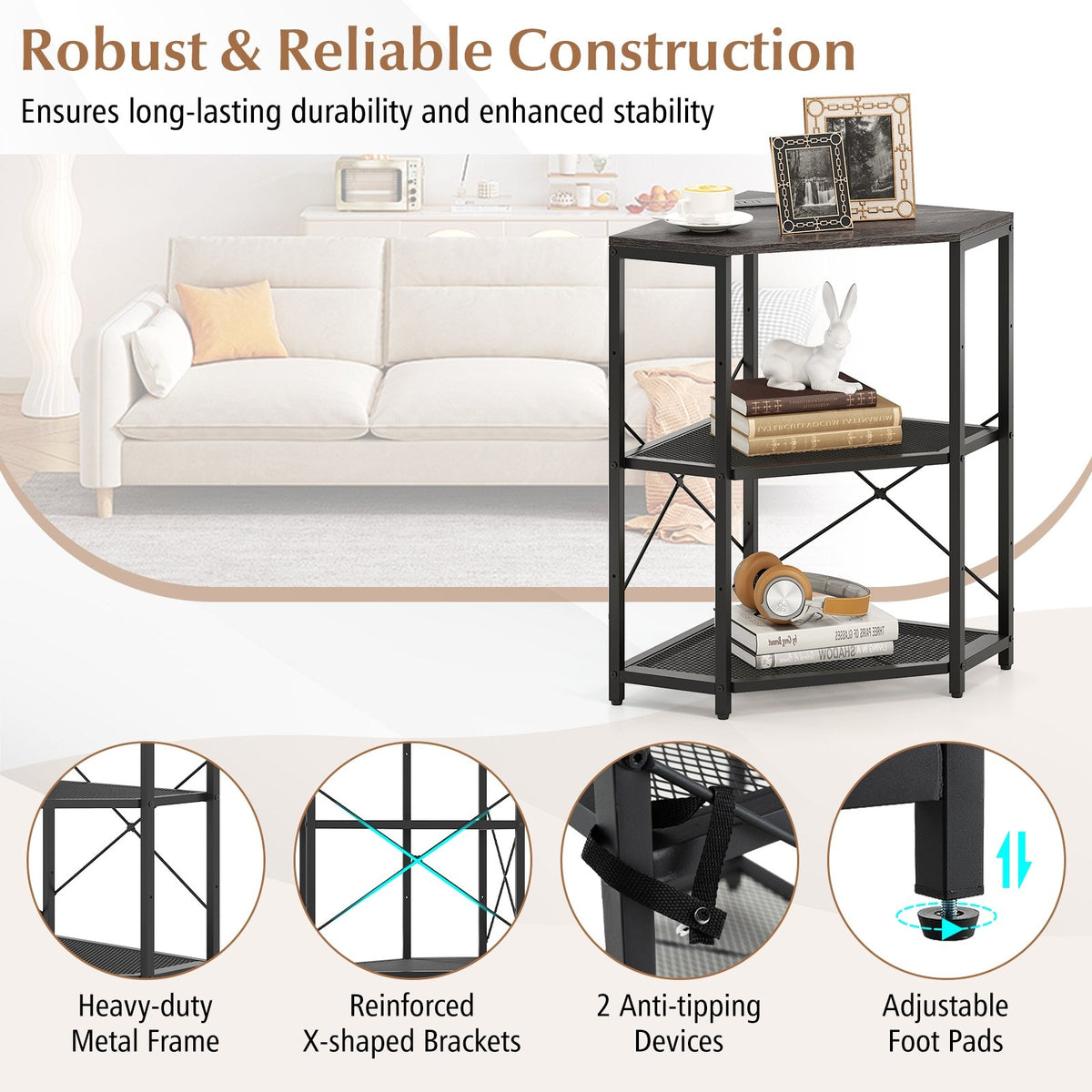 Corner Printer Stand with Power Outlet 3-Tier Storage Rack with Adjustable Shelf-Black view 7