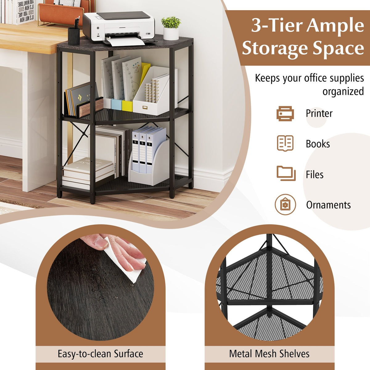 Corner Printer Stand with Power Outlet 3-Tier Storage Rack with Adjustable Shelf-Black view 8