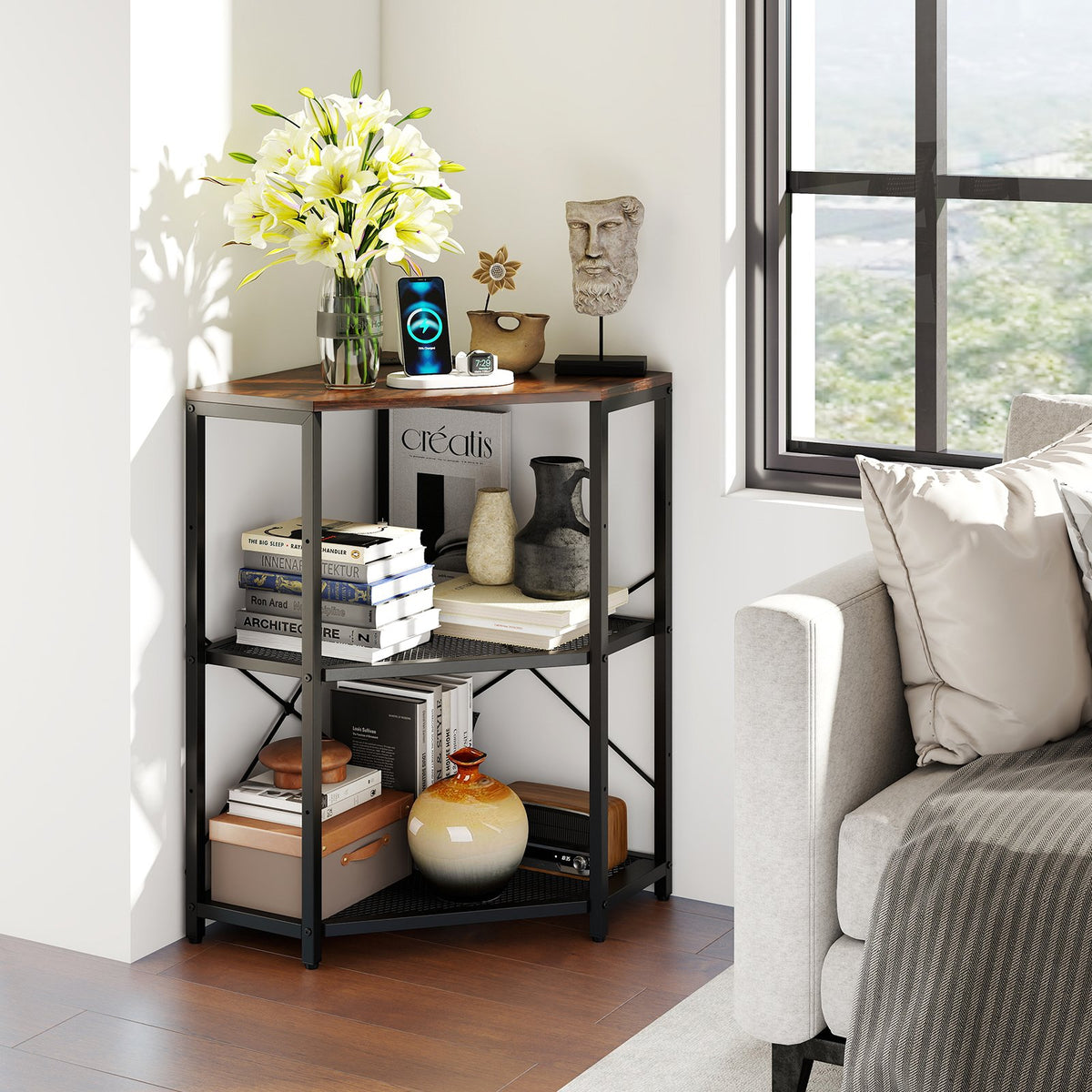 Corner Printer Stand with Power Outlet 3-Tier Storage Rack with Adjustable Shelf-Brown view 2