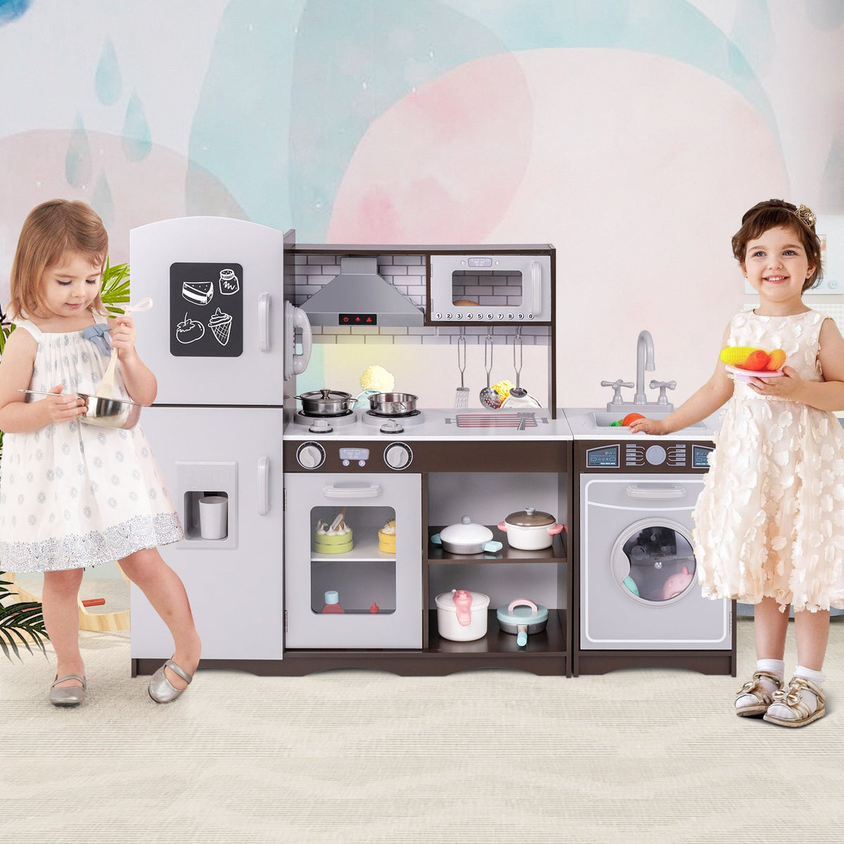Corner Toy Kitchen Set with Light with Sounds Interactive-Dark Brown view 3